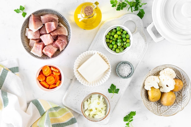 Ingredients for soup with meatballs and vegetables Food background Copy space