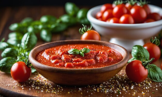 Photo ingredients for tomato sauce cherry tomatoes garlic basil pepper salt on wooden table