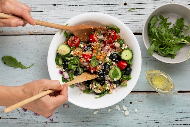 Ingredients of vegetable salad with quinoa