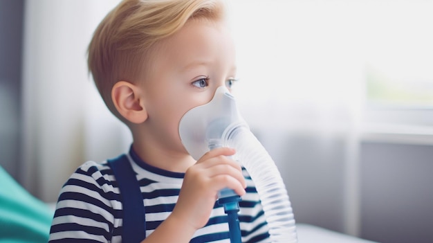 During inhalation therapy a little child uses a mask nebulizer Generative AI