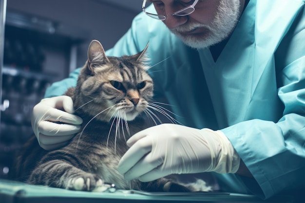 An injured cat is being checked up by a veterinarian at a vet clinic AI generated