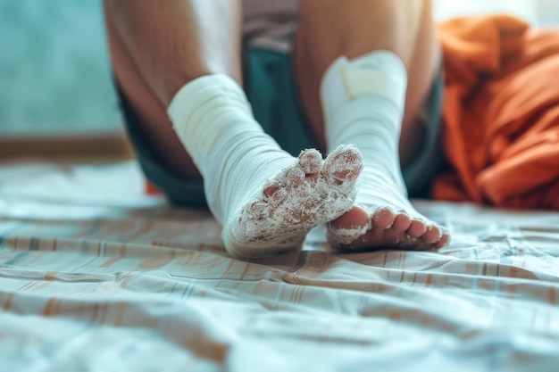 Photo injured foot with bandages and dirt on bottom