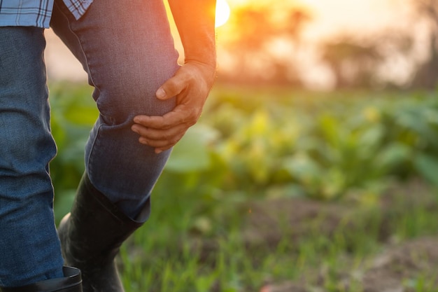 Injuries or Illnesses that can happen to farmers while working Man is using his hand to cover over knee because of hurt pain or feeling ill