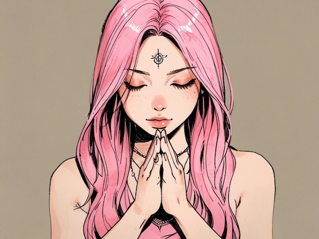 Photo ink art beautiful woman meditating with long pink hair in prayer position ultrarealistic style