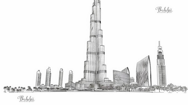 Photo ink drawing of burj khalifa skyscraper in dubai iconic landmark of united arab emirates