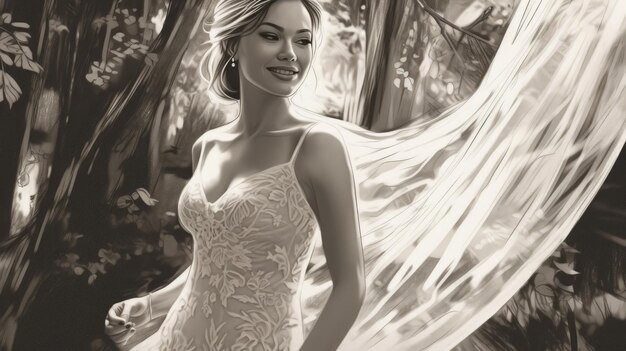 Ink drawing of Happy bride in wedding dress smiling in garden wedding first person view high definition beautiful cinematic lighting Generative AI