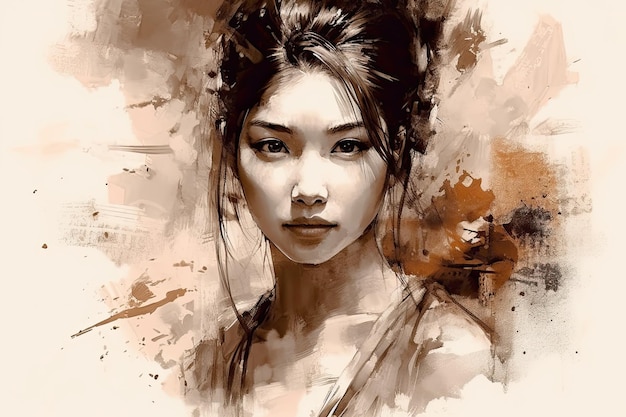 An ink illustration style portrait of a Chinese woman dressed in traditional attire capturing her beauty and poise in an artistic way Generative AI