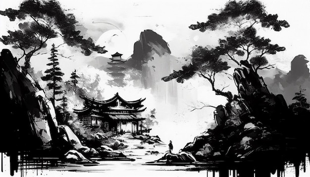 Ink painting in the style of classical Chinese landscape paintGenerative AI