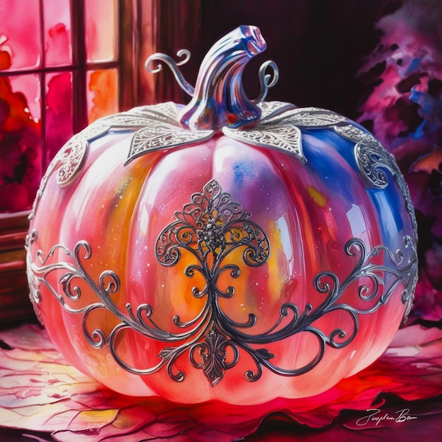 Photo ink painting of a whimsical opalescent glass pumpkin