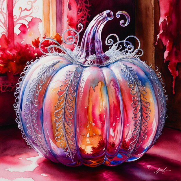 Photo ink painting of a whimsical opalescent glass pumpkin