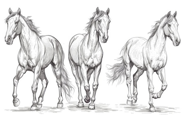 Ink sketch of an isolated horse set image Wild equine background with nag mustang silhouettes