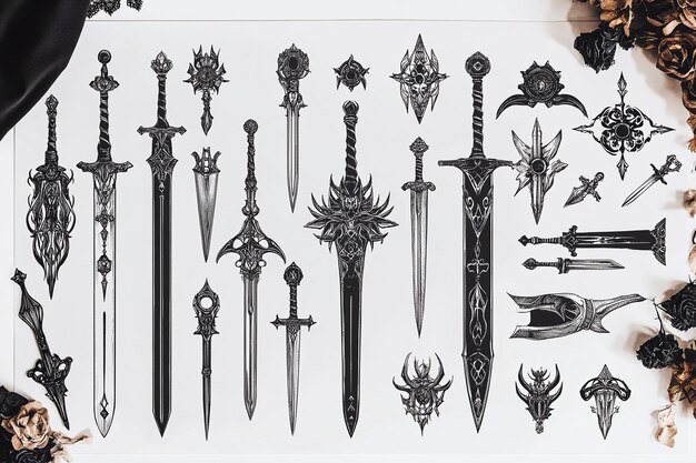 Photo ink tattoo flash art collection of ornate swords and daggers