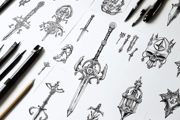 Photo ink tattoo flash art collection of ornate swords and daggers