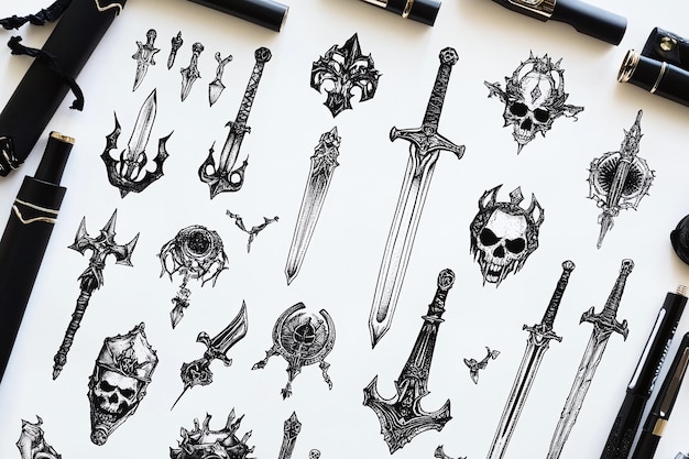 Photo ink tattoo flash art collection of ornate swords and daggers