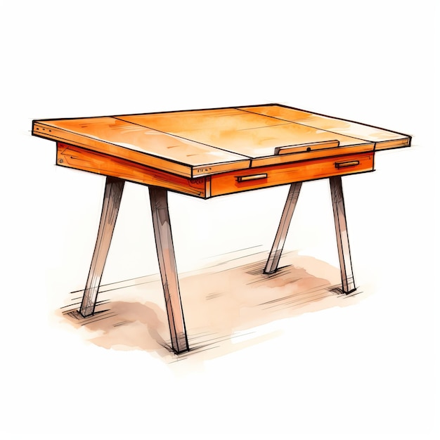 Ink And Wash Doodle Illustration Of Retro Woodworking Table