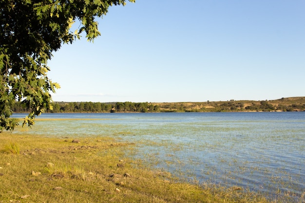 Inland lake with mountains in the background