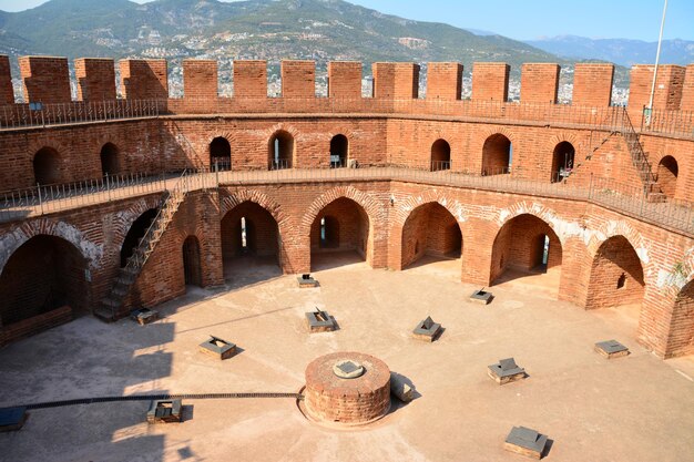 inner yard of ancient fortress with arched walls, Alanya, Turkey, view from top