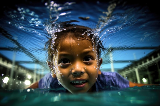 The innocence and curiosity of a young boy as he explores the underwater world of a swimming pool Generative AI