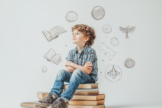 Photo innocent boy surrounded by symbols of knowledge a vision of future aspirations and dreams