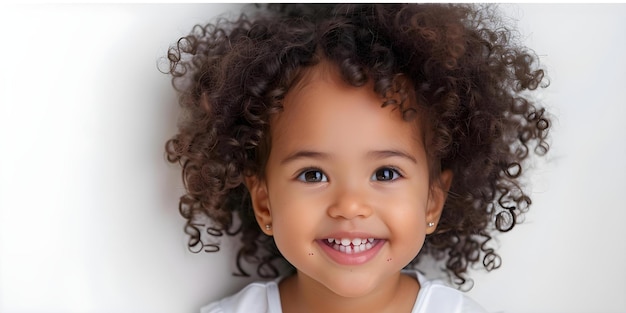 Innocent smile Sweet Mexican toddler girl with afro hair poses against white background Concept Outdoor Photoshoot Colorful Props Joyful Portraits Playful Poses Toddler Photography