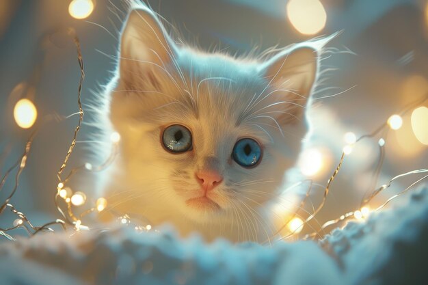 Photo innocent white kitten with blue eyes in enchanting glow