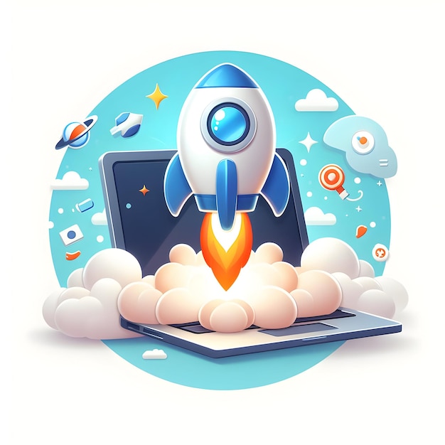 Innovation Launch Concept as Rocket Ship Blasting from a Laptop with white background and isolated c