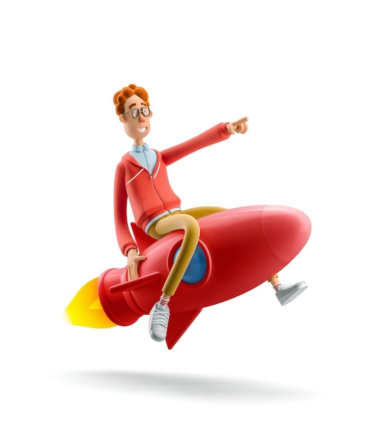 Innovation and Startup Concept Nerd Larry is flying on a rocket 3d illustration