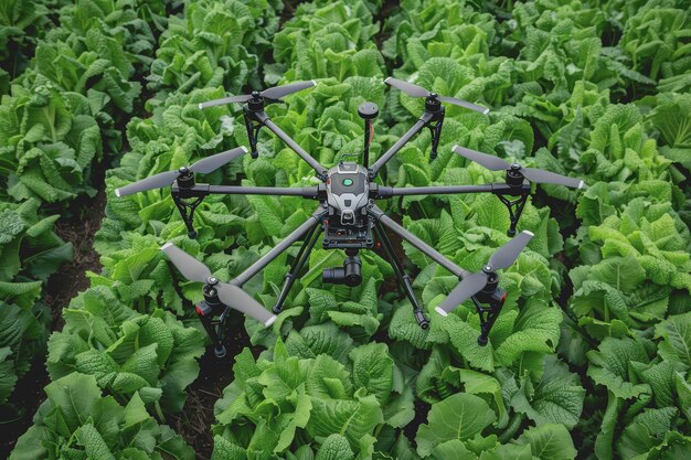 Photo an innovative agricultural area where drones and ai robots analyze crop health and soil quality