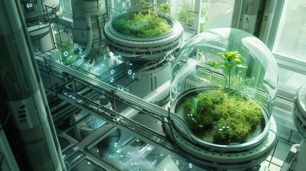 Innovative Algae Biofuel Research Lab with Futuristic Equipment and Dynamic Lighting from High Angle View