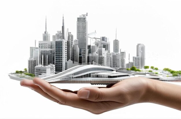 Photo innovative architecture and civil engineering plan on smart phone in hand transparent background