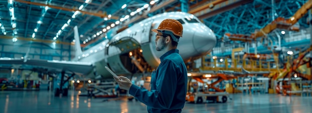 Photo innovative aviation engineer orchestrating aircraft assembly in hangar with digital tablet