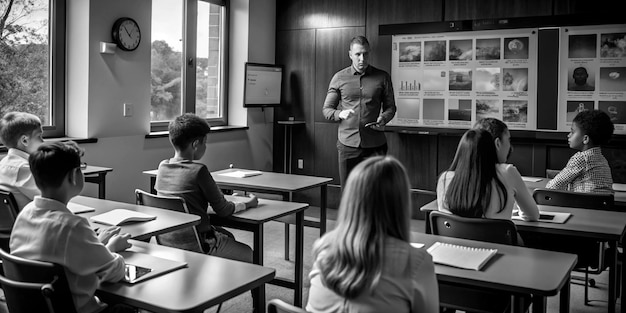 Photo innovative classroom setting with students using tablets and smartboards interactive learning