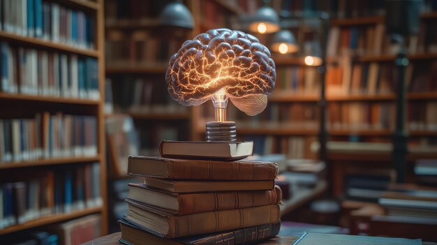 Photo innovative concept with brain and stack of books in library setting