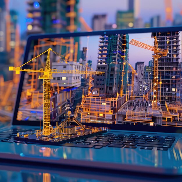 Photo innovative digital construction visualization using laptop technology in urban landscape