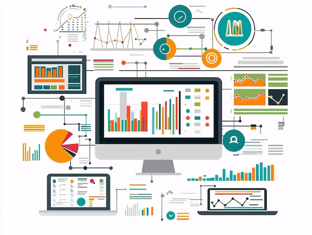 Innovative Flat Design Illustration of Big Data Processing Featuring Charts and Trends