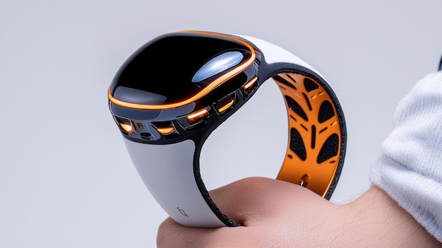 An innovative and futuristic product design for a wearable fitness tracker incorporating advanced technology with a sleek and ergonomic form mockup