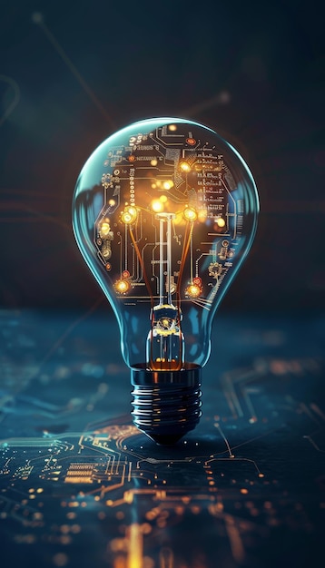 Innovative glowing light bulb with integrated circuit board on dark blue background mockup