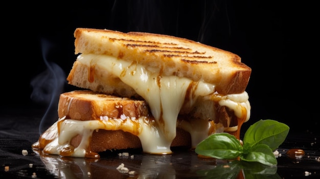 Photo innovative grilled cheese sandwich with sauce on black background