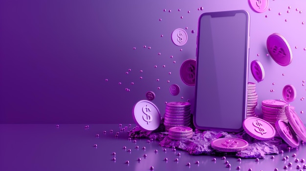 Innovative income and investment concept with purple smartphone and coins