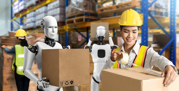 Innovative industry robot working in warehouse together with human worker