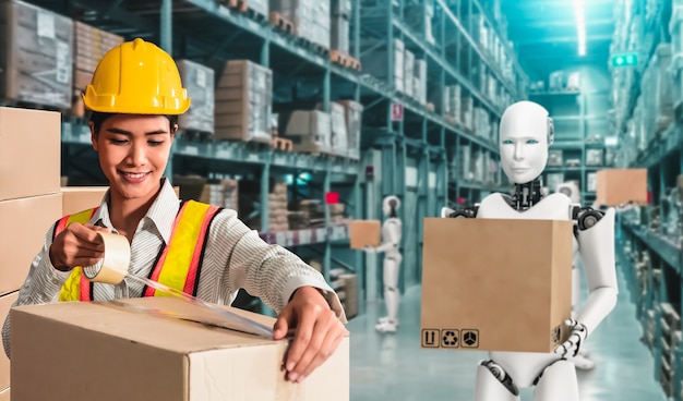 Innovative industry robot working in warehouse together with human worker