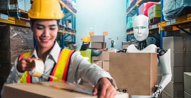 Innovative industry robot working in warehouse together with human worker