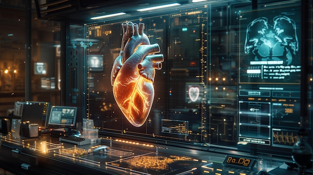 Photo innovative medical research facility showcasing advanced heart visualization technology in a modern lab setting