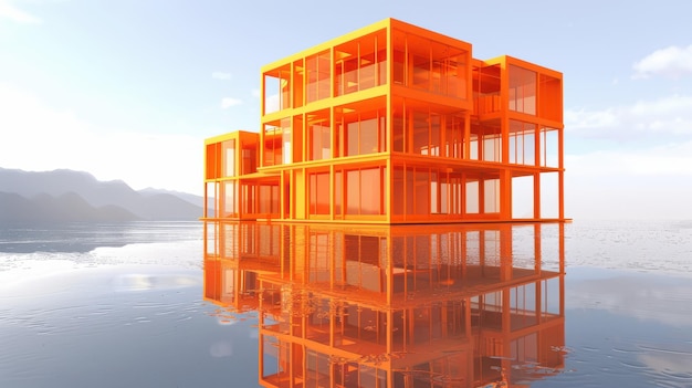 Innovative Modern Architectural Structure Reflecting Over Calm Water at Sunset