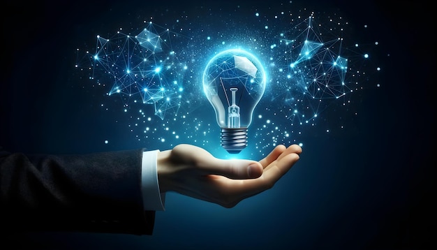 Innovative Network Hand Holding a Digital Lightbulb with Connected Nodes