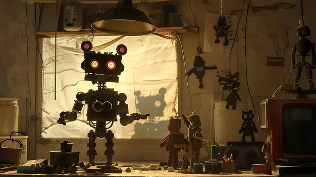 Photo innovative robot making intricate shadow puppets with a variety of readymade puppets around it