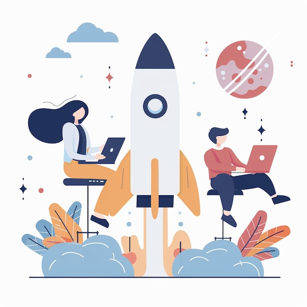 Photo innovative startup development concept featuring rocket launch symbolizing growth and ambition two individuals work on laptops embodying creativity and collaboration in vibrant cosmic setting