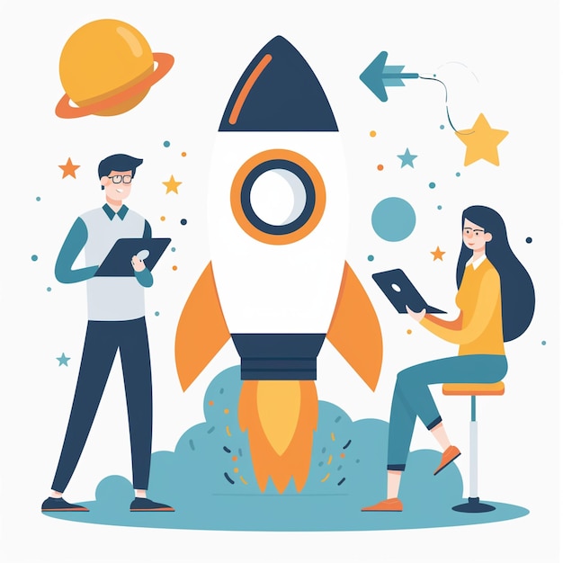 Photo innovative startup development concept featuring rocket launch with two professionals engaged in digital tasks scene is vibrant and inspiring symbolizing creativity and progress