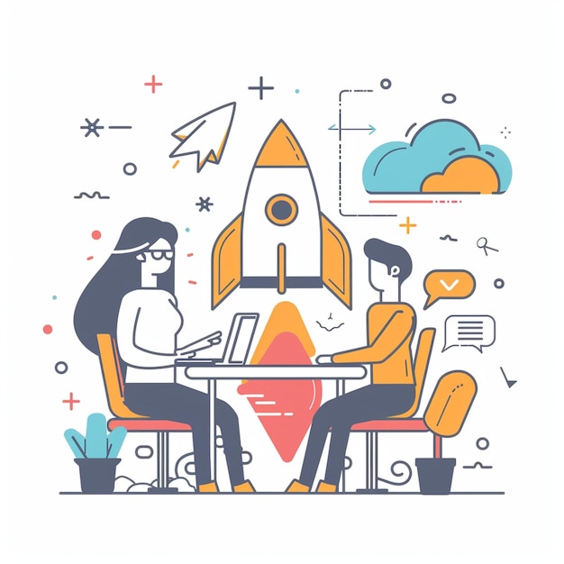 Photo innovative startup development concept featuring two individuals collaborating at table with rocket illustration in background symbolizing growth and ambition