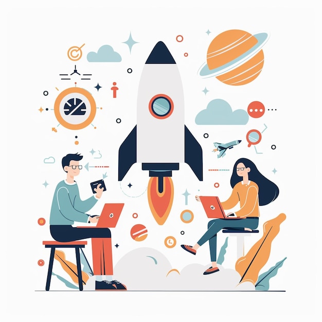 Photo innovative startup development concept featuring two individuals working on laptops surrounded by rocket planets and various icons symbolizing growth and exploration